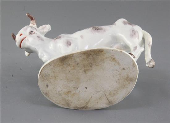 A Bow figure of a bull, c.1770-6, l. 16.5cm, restored tail, horns and leaves